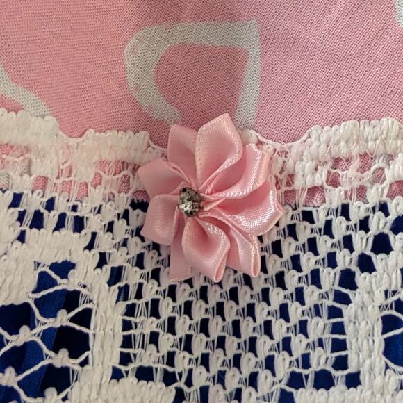 Heart Print Pink Square Dancing Skirt - Cream Lace and Ribbon flowers - Picture 6 of 8